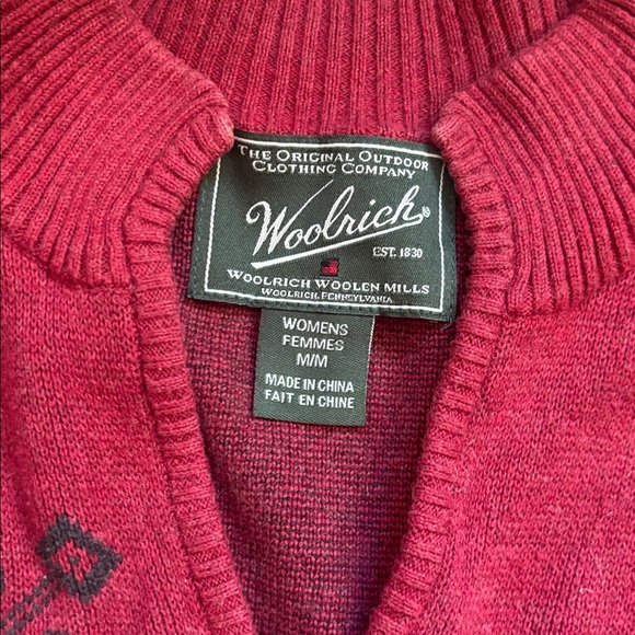Woolrich | Deep Ruby 100% Cotton Nordic Snowflake V-Neck Sweater Size Medium - Picture 5 of 11
